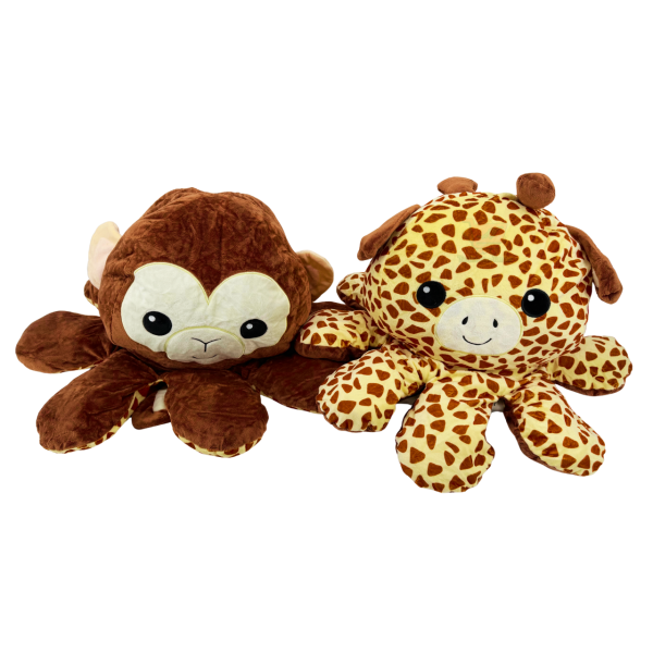 Oktopus Wendeplüschtier Ø ca. 63 cm mit Affen- und Giraffen-Motiv, das durch Wenden die Seite wechselt.